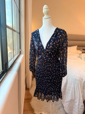 Smocked Navy Floral Long-Sleeve Wrap Dress